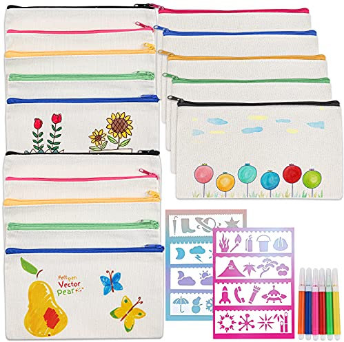 Cieex 15 Stück DIY Stoff Federmäppchen Blanko Kinder Federmäppchen, 6 Buntstift und 8 Pcs Malen Schimmel für Reisen Make up Taschen, Mäppchen, Aufbewahrung Schreibwaren(21 x 12 cm) (15)