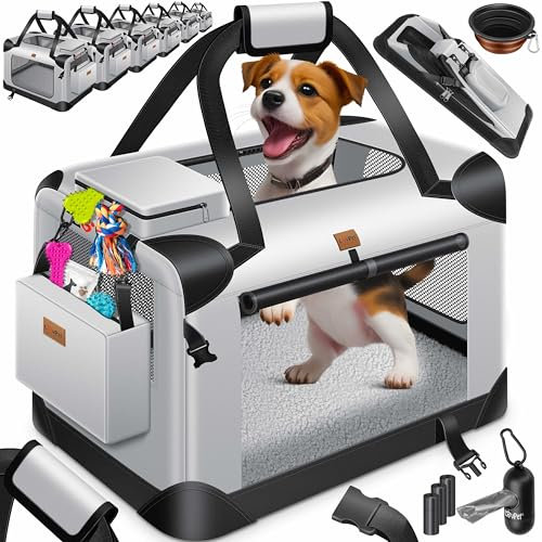 Lovpet® Transportbox Hund Katze Transporttasche L 70x52x52cm | Hunde-Tragetasche Faltbare Katzentasche | Haustier-Transportbox inkl. Hundenapf & Schultergurt | für Katzen & Hunde Hellgrau