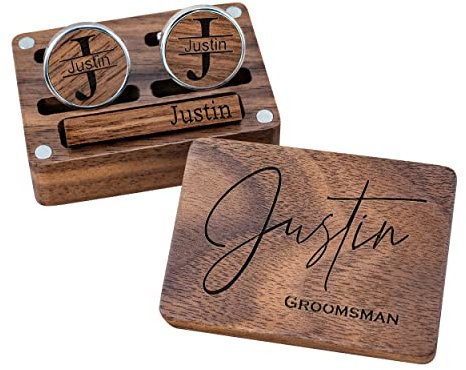 Krawattenklammer und Manschettenknöpfe aus Holz mit Gravur für Männer, Hochzeitsgeschenk für Bräutigam, Trauzeugen, Hochzeits-Manschettenknöpfe, Geschenk für Vater, Ehemann, Freund, 0, 0, 0