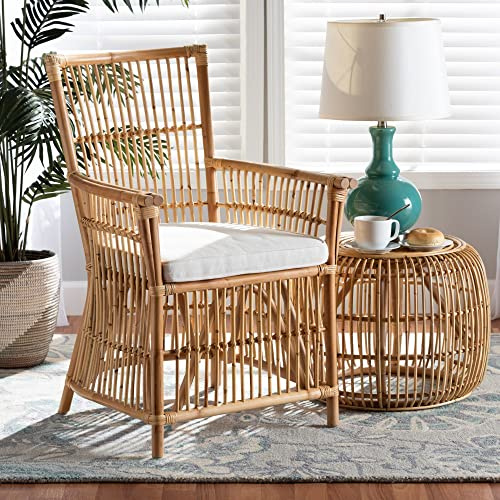 Rose Bohemian Styled Upholstered Rattan Armchair-White/Natural Brown Solid Eclectic Natural Finish