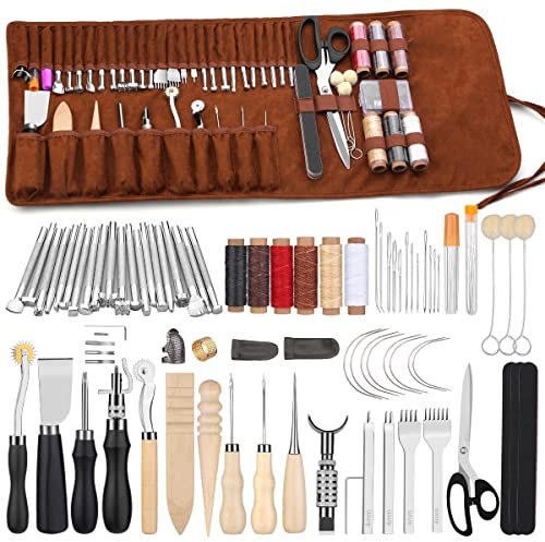 kit travail du cuir Outils d'artisanat du cuir outils travail du du avec sac de rangement personnalisé Outils de sculpture sur pour couper, poinçonner, coudre, sculpter, estamper