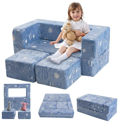 MeMoreCool Modular Kids Sofa, Glow in The Dark Space Kids Play Couch Sofa, Blue Fold-Out Foam Lounger Chair for Girls and Boys, Bedroom and Playroom