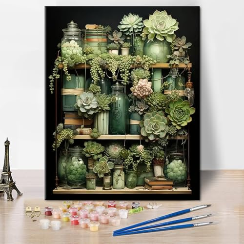 TISHIRON Succulent Paint by Numbers Kit for Adults - Green Bottle & Flower Plant Acrylic Painting - 16x20 Frameless