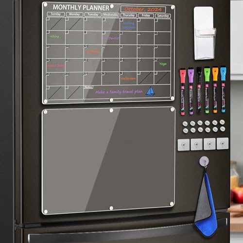 LISSCHANN Acryl Magnetischer Kalender für Kühlschrank, 2 Stück 40,6 x 30,5cm Transparenter Abwischbar Monatsplaner und Memoboard für Kühlschrank, mit 6 Farbmarkern, Stifthalter und Handtuch
