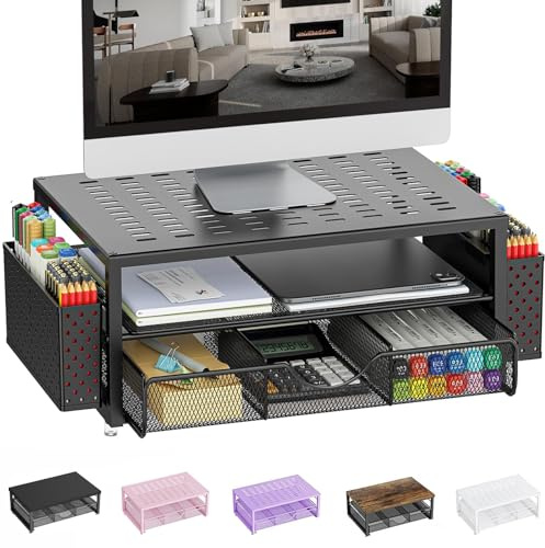 Pygocereri Monitorständer, Schreibtisch Organizer mit Schublade und 2 Stifthaltern, Monitor Erhöhung für Bildschirm und Laptop, ergonomischer Desktop Ständer für Büro Zubehör (Schwarz)
