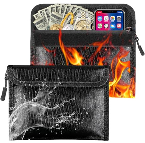 2 stycken brandsäker portfölj, 20,3 x 12,7 cm vattentät dokumentväska, plånbok med dragkedja, svart bankväska, passväska för kontanter, pass, kort, kvitton och värdesaker