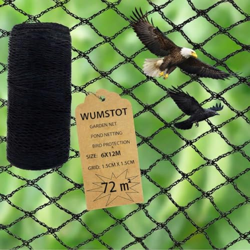 Vogelschutznetz Vogelnetze Vogelnetz PE Schwerlast: Maschenweite 1,5 cm, Robustes Netz für Garten & Balkon, zum Abdecken von Beeten, Sträuchern & Obstbäumen (Schwarz 6x12 M (72m²))