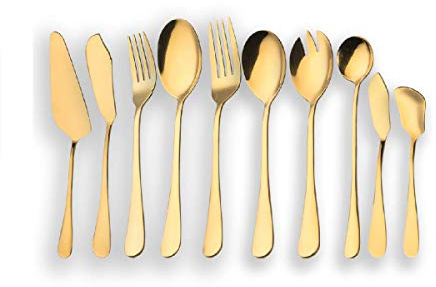 Berglander Stainless Steel Golden Serving Flatware Set, Golden Serving Silverware Set, Cake Server, Fish Knife, Fish Fork, Serving Spoon, Serving Salad Fork, Salad Spoon,Butter Knife, Icecream