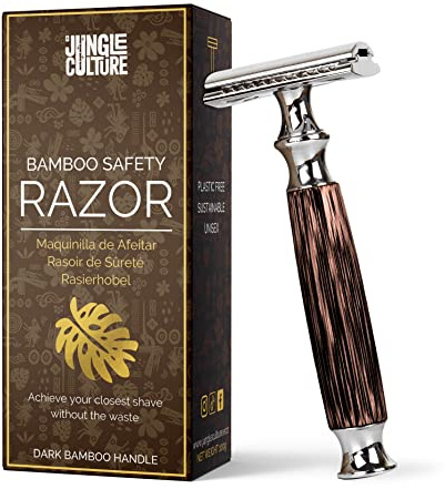 Jungle Culture Bamboo Safety Razor • Premium Eco Friendly Razor • Fits Double Edge Blades • Single Blade Reusable • Plastic Free & Zero Waste Shaving • Dark Wood - Thick • Unisex Adults
