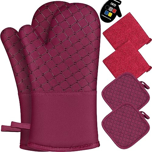 6 Pcs Oven Mitts and Pot Holders, 500℉ Heat Resistant Oven Mitts with Kitchen Towels Soft Cotton Lining and Non-Slip Silicone Surface Safe for Baking, Cooking, BBQ (Red)