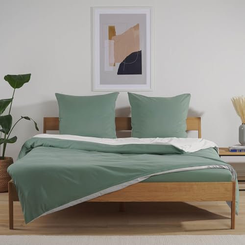 Blumtal Premium Bettwäsche 140x200 Sommer + Kissenbezug 40x80 cm 2er Set - Oeko-TEX zert. Sommer Bettwäsche 140x200 wendbar - maschinenwaschbarer, zweifarbiger Mikrofaser Bettbezug Hellgrau/Grün