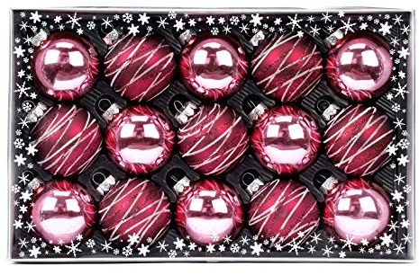 15 Weihnachtskugeln 6 cm mit Streifen - Motive Glas Dekor Geschenkbox Set Christbaumschmuck Weihnachtsdeko Weihnachtsschmuck Deko Weihnachten Kugeln Farbe: Berry Kiss Beere Glanz matt