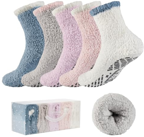 Bulinlulu Fuzzy Socks With Grips for Women 5-Pairs Non Slip Sleep Warm Fluffy Slipper Socks with Grippers for women(Blue+Grey+Purple+Pink+White)