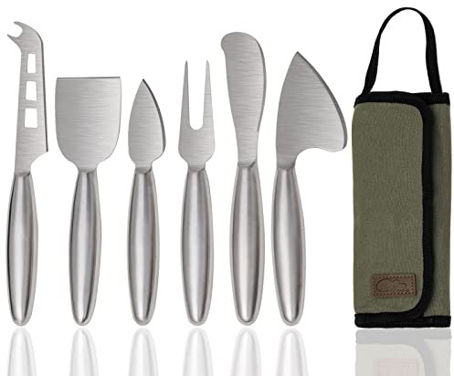 6-Piece Cheese Knife Set, Stainless Steel Cheese Knives for Charcuterie Board for Hard Medium Soft Cheese, Professional Metal Cheese Cutting Knife Cheese Board Accessories with Case Gift Set