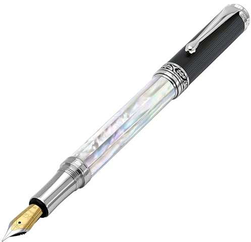 Xezo Maestro stylo plume fait main, plume fine. Nacre blanche d'origine océanique irisée avec PVD en carbone de type diamant. Sérialisé, pas deux stylos pareils