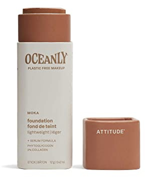ATTITUDE Oceanly Plastic-Free Light Coverage Foundation Stick, Titanium Dioxide-Free, EWG Verified, Vegan Makeup, Moka, 12 grams