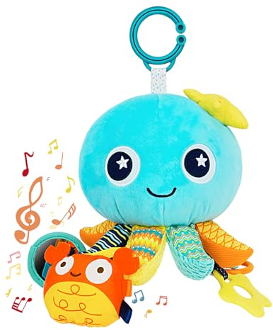 CestMall Pulpo Peluche de Actividades Con Espejo - Juguete Sensorial y Colgante Para Bebé - Sonajeros Para Cuna y Asiento de Coche - 0-12 Meses