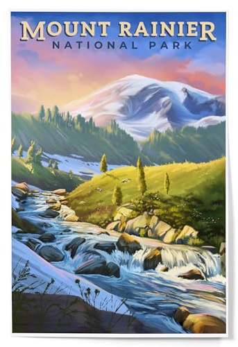 Lantern Press 12x18 Inch Art Print, Home Decor, Mount Rainier National Park, Washington, Oil Painting
