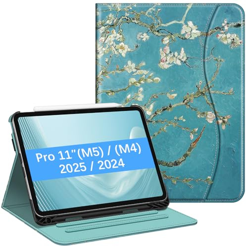 FINTIE Coque pour iPad Pro 11 Pouces M5/M4 (2025/2024) - [Rangement de Stylet] Housse Folio Multipositions avec Poche Frontale de Document, Fleur Abricotier