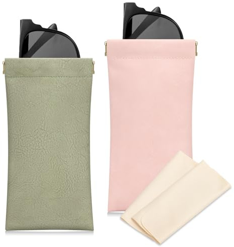 Etercycle Soft Eyeglass Case, 2 Pcs Travel Sunglass Cases for Women Portable Squeeze Top Leather Glasses Bag