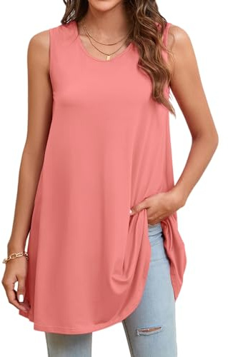 Enmain Pink Tank Tops for Women Ladies Sleeveless Tunic Tops Summer Long Vest for Leggings Plain Loose Casual Blouse Round Neck XL