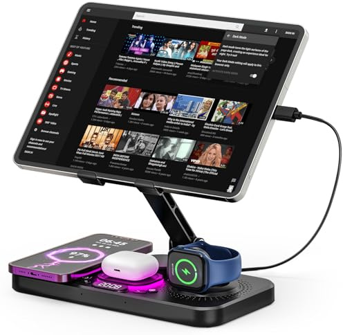 Jubor 4 in 1 Stazione di Ricarica per iPhone, Supporto da Tavolo per Tablet con Caricatore Wireless, Ricarica Wireless per iPhone 16/15/14/13/12, iWatch, Auriculares