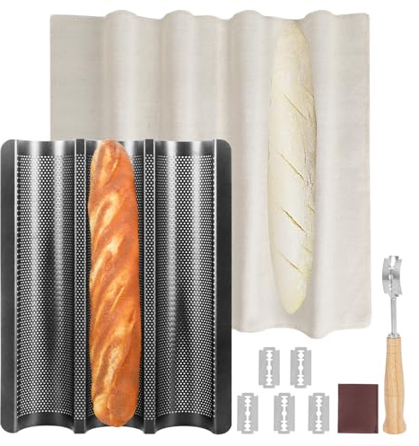 Barlket Teglia per pane per baguette nera, 3 teglie per pane antiaderente, vassoio perforato per baguette, adatta al forno, forniture per la cottura della salute, 38 x 28 cm, angolo rotondo e calore