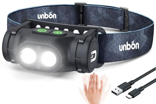 UNBON Torcia Frontale LED Ricaricabile, Lampada Frontale LED Ricaricabile USB C Potente con 3 Modalità, Sensore di Movimento e Base Magnetica, IPX4 Impermeabile Luce Torcia da Testa per Trekking Pesca