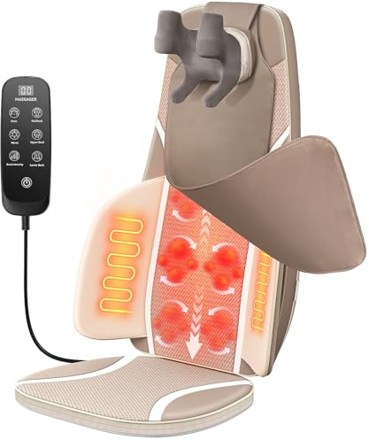 Flekzo Shiatsu Back & Neck Massage Chair Seat Cushion with Heat – 4D Kneading, Adjustable Intensity, Adjustable Neck Height, Full Back Pain Relief, Deep Tissue, Office Chair Massager, Brown