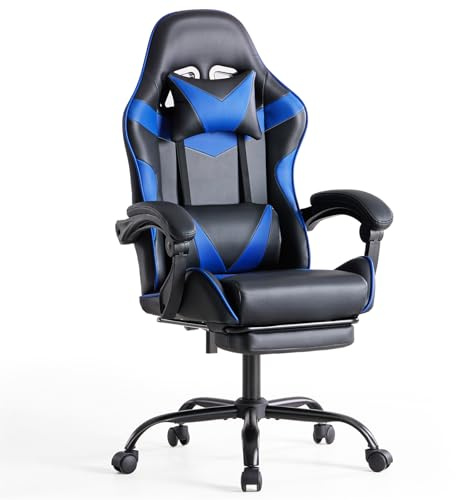 Sweetcrispy Gaming Stuhl, Gaming Chair mit Fußstütze Kopfstütze Lendenwirbelstütze, Ergonomischer PC Stuhl, Höhenverstellbarer Bürostuhl Computerstuhl, Gamer Stuhl, Drehbarer Schreibtischstuhl, Blau