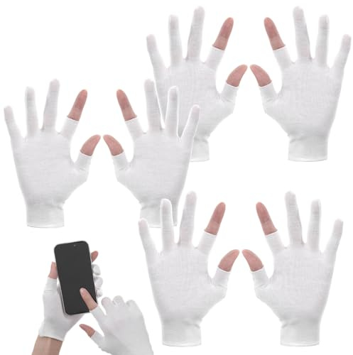 3 Pairs White Cotton Moisturizing Gloves, Touchscreen-Friendly Gloves, Fingerless Glove for Fishing, Sport, Running, Biking, Driving, Golf, Garden, Rowing and Billiards (2 Open Fingertips Per Glove)