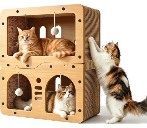 2-Floor Cat Scratcher House，Scratching Board, Hanging Ball Toy, Large Space Cat Bed Furniture for Multi Cats，Durable Board Entertain Feline Friends Prevent Furniture Damage