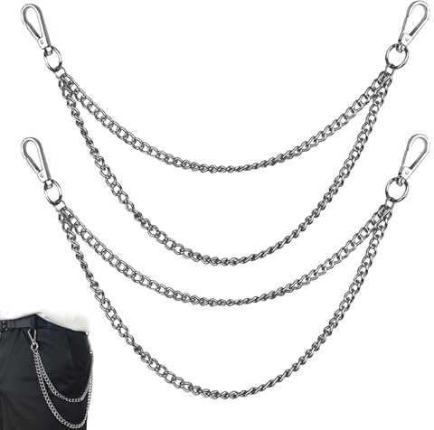 RVYEIOP 2 Piezas Cadena Pantalón Hombre y Mujer, Cadena Cartera Hombre Estilo Punk Hip Hop, Cadenas para Pantalones Vaqueros con Llavero Mosquetón, Accesorio Gótico y Rock, Plateado