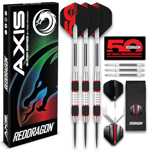 RED DRAGON Darts – Axis Red Series 26g– Steel Tip 85% Tungsten Professional Darts Set with Dart Flights, Stems & Wallet