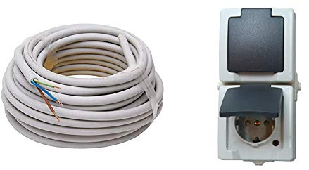Kopp 150810841 NYM-J 3 x 1,5 mm² Feuchtraum-Kabel, 10 m-Ring & 136956008 Nautic Steckdose für Feuchtraum, 250 V, grau