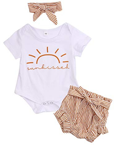 Sasaerucure Infant Newborn Baby Girl Clothes Set Romper Jumpsuit with Ruffle Triangle Shorts Bottoms Headband Spring Summer Outfit (White, 12-18 Months) …