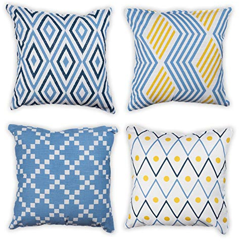Penguin Home Set of 4 100% Slub Cotton Fabric Cushion Covers 45cm x 45cm Double Sided Square Pillow Covers with Invisible Zipper Pillow Cases for Living Room, Bedroom, Sofa (Navy Sky/Yellow)
