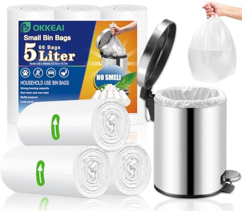 Small Bin Bags 5 Liter,Mini Pedal Bin Bags Garbage Bags Wastebasket Bin Liners for Bathroom Toilet Bedroom Office,66 Counts White Trash Bags Fit 3-6L Rubbish Bin