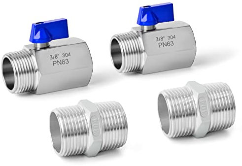 ERGAOBOY 2 Piezas 3/8 Hembra x 3/8 Macho BSP Rosca Pesada 304 Válvula de Bola de Acero Inoxidable Con 2 Piezas 3/8 SUS 304 Conector Hexagonal Macho