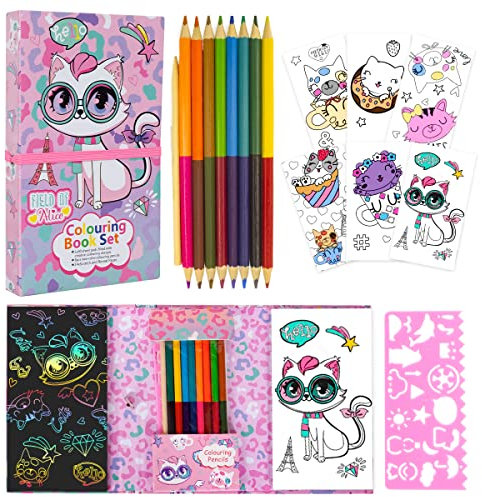 PinkSheep Katzen-Malblock-Set für Mädchen, süßes Katzen-Malbuch mit 30 Seiten/10 Regenbogen-Kratzpapier/16 Buntstifte zum Zeichnen und Malen, Reise-Mal-Set für Kinder im Alter von 3-12 Jahren