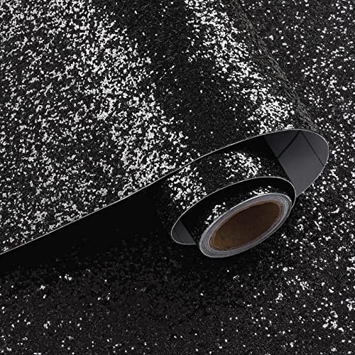 VaryPaper Peel and Stick Black Chunky Glitter Wallpaper 40cmx200cm Sequin Sparkle Contact Paper Black Sticky Back Plastic Furniture Wrap Thick Fabric Wallpaper for Living Room Bedroom Craft Projects