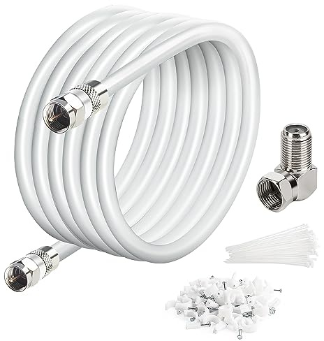 Elecan 15 Ft RG6 Coaxial Coax Cable Connectors Set, Quad Shielded High-Speed Internet 3 GHZ, Broadband Digital TV Aerial, Soft Satellite Cable Extension Double Rubber O-Ring+ Adapter+Ties+Clips-White