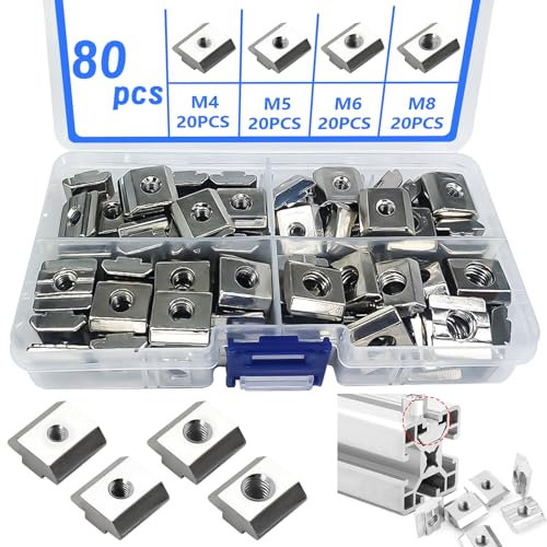 XTUDOU® 80 Stück Nutensteine B-Typ Nut 8, M4/ M5/ M6/ M8 Gleitmutter mit Aufbewahrungsbox für Aluminiumprofil Extrusionsschlitz, Standard 30 Serie Kohlenstoffstahl Schiebe T Nutensteine