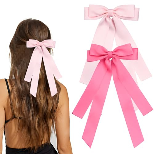 MIKONIKO Bow Hair Clips 2PCS Set for Women and Girls - Black White Ribbon Bows for Hair, with Long Tail, Alligator Clip (Pink & Hot Pink)