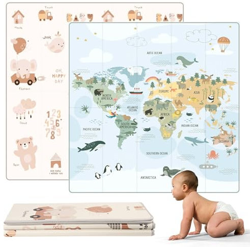 HuBorns - Foldable Baby Play Mat 200x180 cm - Reversible and Padded Baby Foam Play Mat with Stitched Edges - Waterproof Baby Mats for Floor Play - Anti-Fall Thick Play Matt Baby (Map)