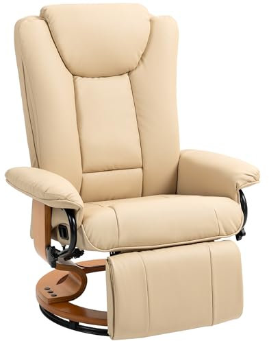 HOMCOM Manual Recliner Chair with Footrest, Upholstered Reclining Armchair with Adjustable Backrest and Steel Frame, PU Leather Swivel Chair for Living Room, Bedroom, Beige
