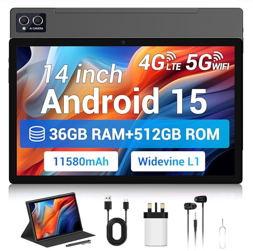 AXETOP 14 Inch Tablet, Android 15 Tablet with SIM Card Slots, 36GB RAM+512GB ROM(TF 1TB), 4G LTE+5G WiFi, Octa-Core,8MP+13MP,11580mAh, Widevine L1, 4 Speakers, Tablets with Case/Stylus/Earphones(Gray)