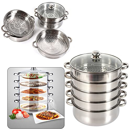 Vegetable Steamer, 5 Tier Stainless Steam Cooker, Stainless Steam Cooker Steamer Pan Cooking Food Vegetable Soup Pot, Vegetable Meat Soup Pot Heating Pot (26cm)