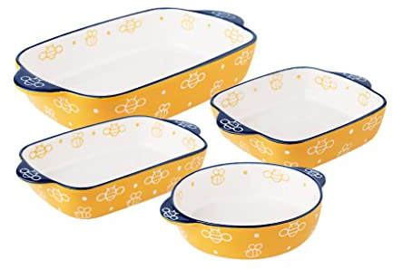 WAIT FLY Lovely Hand-Painted Bee Ceramic Baking Dishes with Handles, Lasagna Pans, Casserole Dishes, Baking Pans for Cooking, Cake Dinner, Kitchen-Yellow-Set of 4