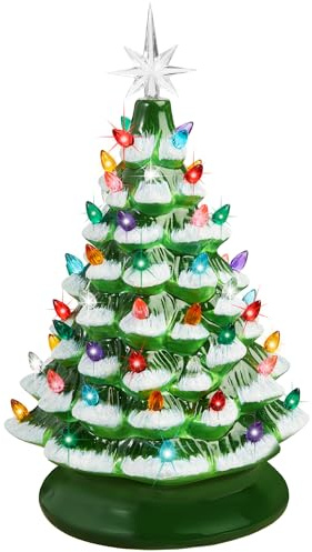 Best Choice Products 15in Ceramic Christmas Tree, Pre-lit Hand-Painted Tabletop Holiday Tree, 2 Star Toppers, 64 Lights - Flocked w/Multicolored Bulbs